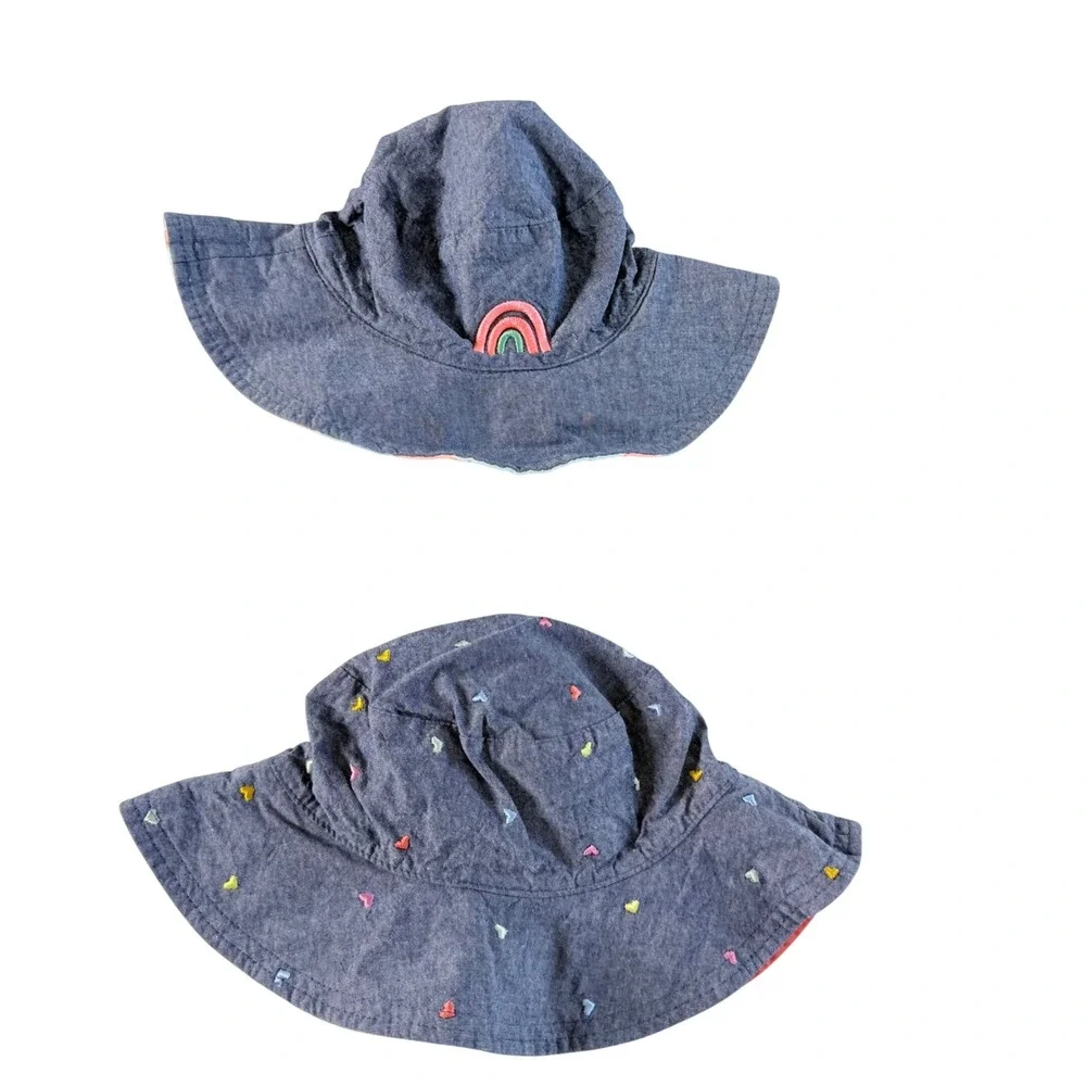 Unbranded Sun Hat Lot Kids  Blue Pink Excellent Reversible Rainbow Heart Cotton